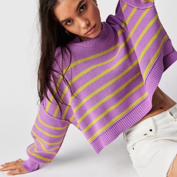 Free People Easy Street Cropped Striped Pullover Oversized Sweater | Size XS - Picture 3 of 11